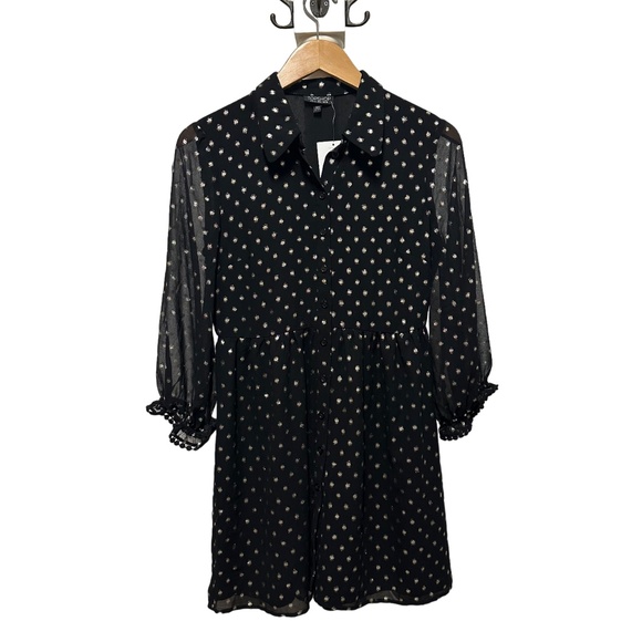 Topshop: Women's Gold Polka Dot Button-Up Midi Black Dress with Long Sleeves - Picture 1 of 3